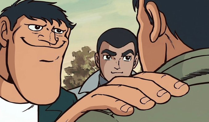 An animated scene showing three men, with the character in the foreground smiling with a sinister expression while reaching his hand forward.