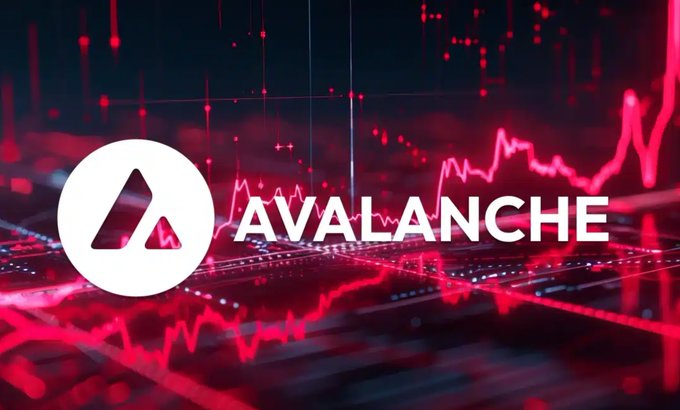 The Avalanche cryptocurrency logo and name are displayed over a red digital background featuring a stock market line chart.