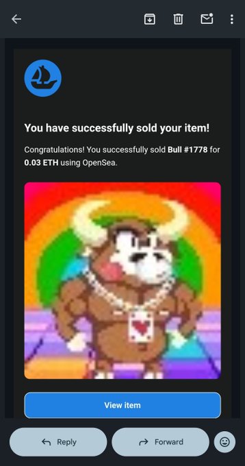 A mobile email screenshot showing a successful OpenSea NFT sale notification for 'Bull #1778' sold for 0.03 ETH, displaying a pixelated bull character image.