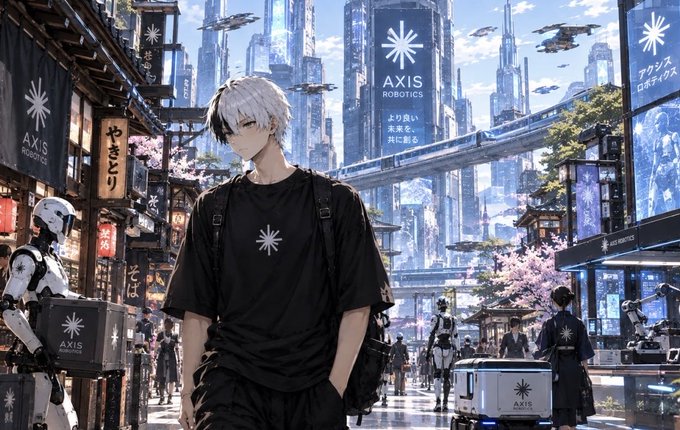 An illustration of a silver-haired anime character wearing a black shirt with an Axis Robotics logo, standing in a futuristic cyberpunk cityscape featuring Japanese text, robots, and flying vehicles.