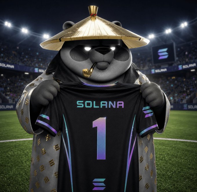 A confident panda mascot wearing a conical hat holds up a black soccer jersey reading “SOLANA” with the number “1,” set in a crowded stadium. The image reinforces the post’s message of pride and self-belief, presenting Solana as a strong, authentic representative.