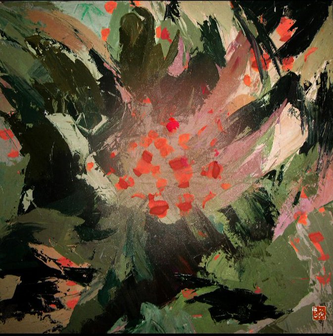 An abstract painting featuring bold brushstrokes in dark green, black, pink, and beige, with scattered red dabs across the composition.