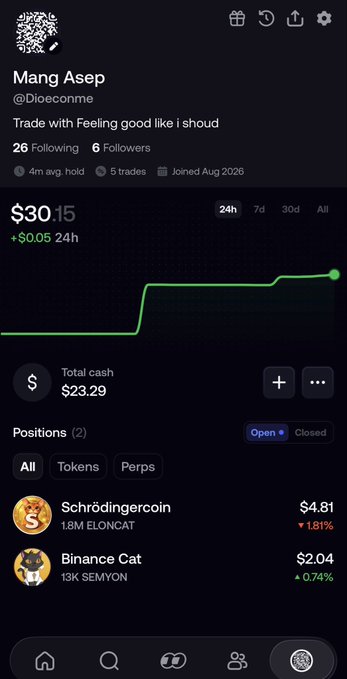 A mobile trading app screenshot showing a profile for 'Mang Asep' (@Dioeconme) with the bio 'Trade with Feeling good like i should', displaying a portfolio value of $30.15, total cash of $23.29, and positions in Schröderingecoin and Binance Cat.