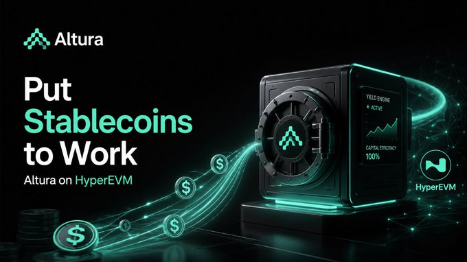 The image features an advertisement for stablecoins with a black box containing a green and blue design of money falling out of it. The text above the image reads "Put Stablecoins To Work" and below it, there are three dollar bills floating in front of the box. Altura is the company behind this advertisement, promoting their product as a way to make stablecoin capital more active on HyperEVM.