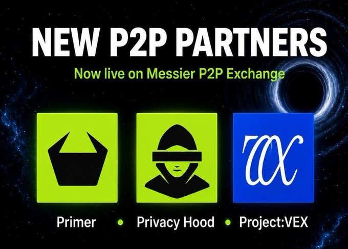 An announcement graphic for 'NEW P2P PARTNERS Now live on Messier P2P Exchange' featuring three blockchain projects: Primer (beard icon), Privacy Hood (hooded figure), and Project:VEX (stylized V/X logo) against a black background with a cosmic vortex.
