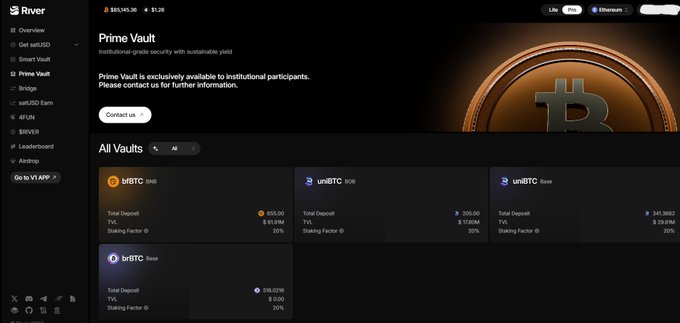 A screenshot of the 'River' platform's 'Prime Vault' page showing institutional-grade security with sustainable yield, displaying All Vaults including sBTC, uniBTC (Silo and Base), and brBTC (Base) with their TVL figures.
