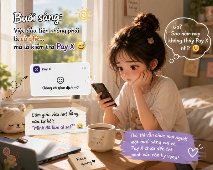 An illustration of a girl looking at her phone in Vietnamese, with text saying her first action in the morning isn't coffee but checking the Pay X app for new transactions.