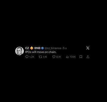 A tweet from CZ BNB (@cz_binance) reading 'IPOs will move on chain.' with 1.2K comments, 1.1K reposts, 8.1K likes, 724K views, and 5 hours since posted.