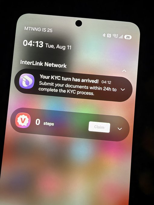 A smartphone displays an InterLink Network notification reading "Your KYC turn has arrived! Submit your documents within 24h to complete the KYC process" at 04:13 on Tue, Aug 11, along with a "0 steps" badge and "Claim" button, supporting the post about completing Level 1 Verification.