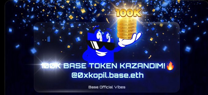 The image features a blue character holding a gold coin, with the text "100k Base tokens" written above them. The background of the image is dark blue, and there are confetti falling from the top left corner. The caption below the image reads "MAYBE A MILLION-DOLLAR POST. Most people still aren'e aware, but there might be some serious preparation happening on the Base side. Not yet: • no snapshot • no token • no claim screen But ecosystem activities are picking up speed."