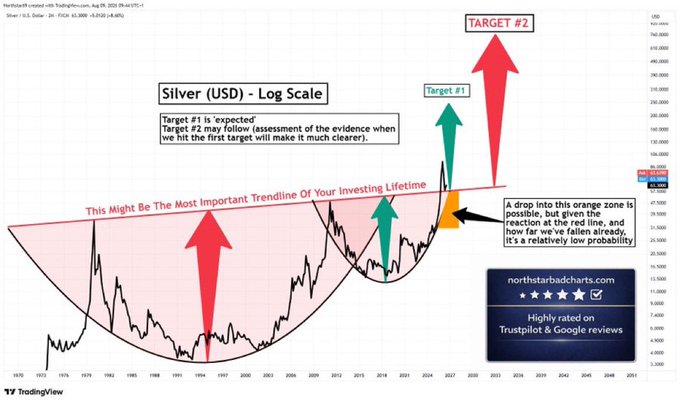 A financial chart titled 'Silver (USD) - Log Scale' from TradingView showing trendlines, targets labeled 'Target #1' and 'TARGET #2', and an orange 'no-man's land' zone annotation.