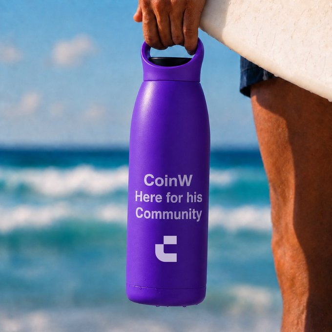 A surfer holds a purple water bottle branded with "CoinW Here for his Community" against a beach backdrop, reinforcing the post's message that "The community is the real flex" by showing CoinW showing up for its users in everyday lifestyle moments.