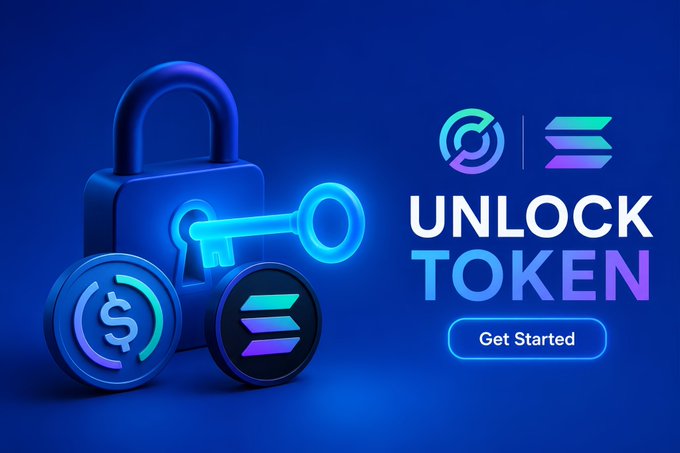 A 3D-rendered promotional graphic for 'UNLOCK TOKEN' featuring a glowing blue padlock and key with USDC and Solana logos against a dark blue background.