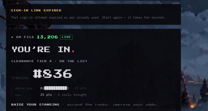 A dashboard screenshot displays "SIGN-IN LINK EXPIRED" at the top and confirms "YOU'RE IN" for a waitlist, showing the user is ranked #836 out of 13,206 "ON FILE" entries at "CLEARANCE TIER 4" with a prompt to "RAISE YOUR STANDING" by ascending ranks. The image illustrates the result of joining the zdacted.xyz waitlist promoted in the post, highlighting the user's early position and engagement-based standing.