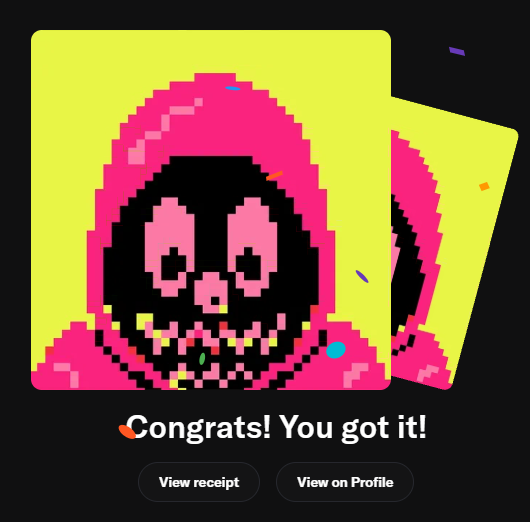 A digital receipt screen showing a pixel art image of a pink-hooded skull with the text 'Congrats! You got it!' and buttons for 'View receipt' and 'View on Profile'.