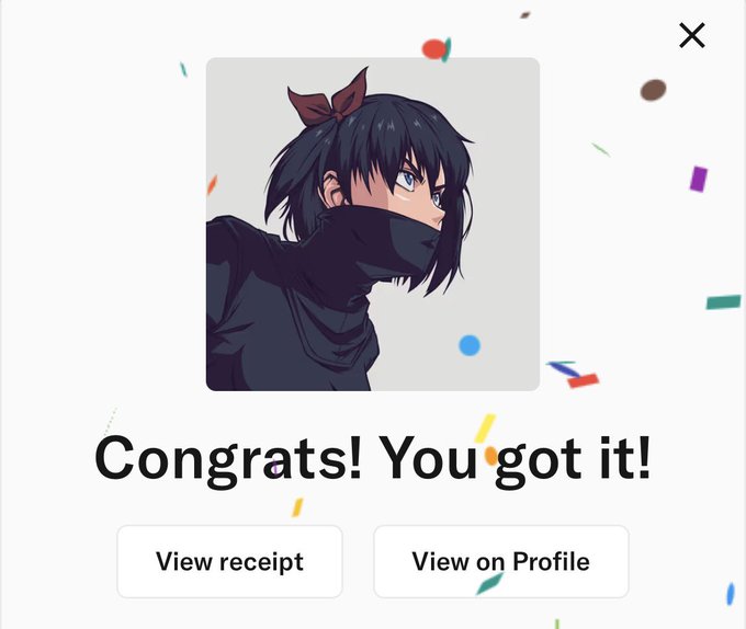 A success screen reading 'Congrats! You got it!' showing an anime character with dark hair and a face mask, with buttons to 'View receipt' and 'View on Profile' amid confetti.