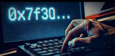 A cyberpunk-style image of a hand typing on a retro keyboard with a monitor displaying the green text '0x7f30...'.