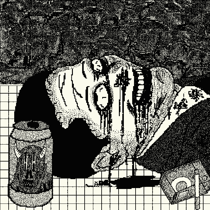 The image is a heavily dithered black-and-white graphic showing a figure slumped over a table surrounded by spilled cans and debris on a tiled floor, evoking themes of excess or collapse—fitting the title "Glutton For The Network" referenced in the post, where the artwork visually represents overindulgence.