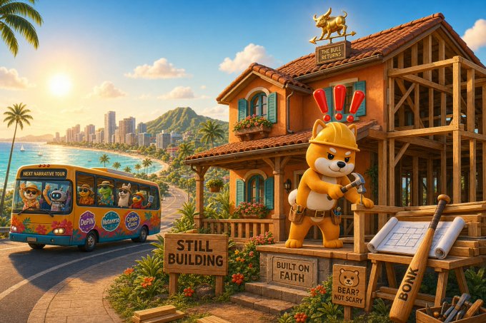 A vibrant cartoon scene shows a dog-like character in a hard hat and tool belt working on a wooden house, with signs reading "STILL BUILDING" and "BUILT ON FAITH" nearby, a tour bus labeled "NEFT NARRATIVE TOUR," and a tropical beach backdrop.
