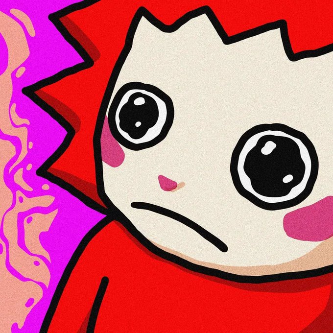 A cute cartoon-style character with large expressive eyes, pink cheeks, a frowning mouth, and spiky red hair/hoodie, set against a vibrant magenta and pink background, accompanies the post celebrating a "Chog reveal" NFT, with the red colorway matching the poster's enthusiasm for their favorite color.