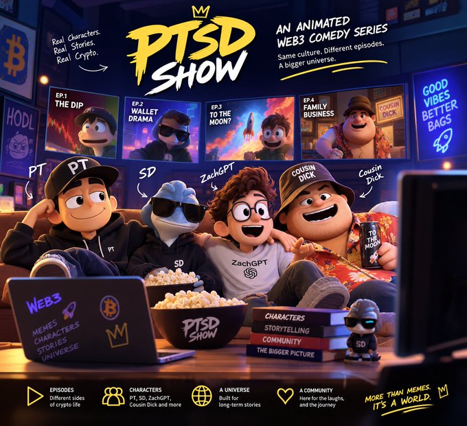 Promotional artwork for 'PTSD Show,' an animated Web3 comedy series featuring cartoon characters labeled PT, SD, ZachGPT, and Cousin Dick sitting together with popcorn, surrounded by episode thumbnails and branding.