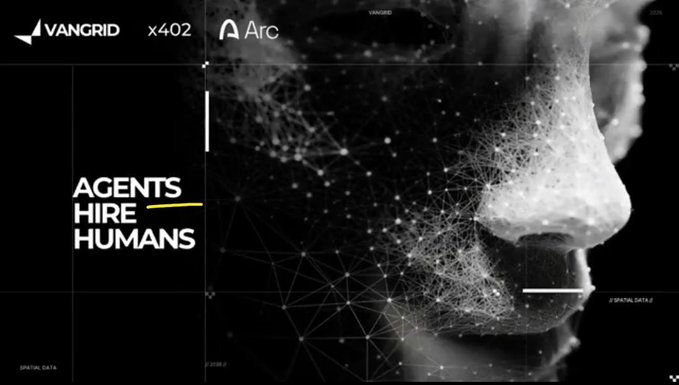 A stylized black-and-white profile of a face with digital network mesh overlay, branded with VANGRID x402 and Arc logos, with text reading 'AGENTS HIRE HUMANS.'