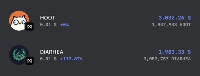 A screenshot of cryptocurrency listings showing a token named 'HOOT' at $3,032.26 and another absurdly named 'DIARHEA' at $1,983.33, both with a ticker symbol 'N'.