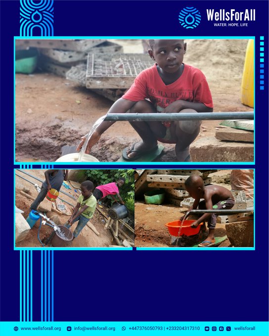 WellsForAll charity poster featuring photos of children collecting water from a tap, with contact info including www.wellsforall.org and phone numbers.