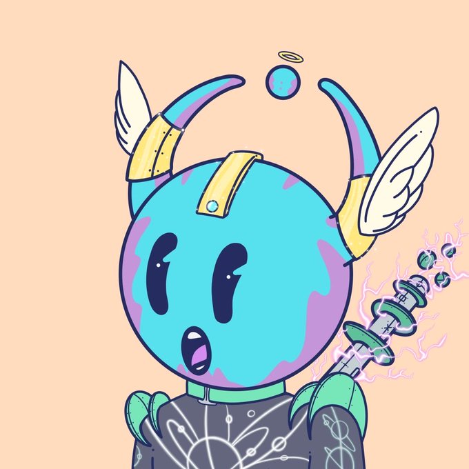 A surprised-looking blue planet-headed character with horns, wings, and a halo holds an energy-charged staff while wearing a black shirt with atomic patterns. The image aligns with the post's theme of Quirkies NFT characters, depicting one of the quirky alien-like avatars from the collection.