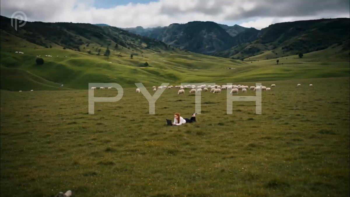 The image shows a person lying down in a grassy field, surrounded by sheep grazing nearby. There are at least 14 sheep visible in the scene, scattered across the field. The person appears to be resting or enjoying their time outdoors while being close to the animals.