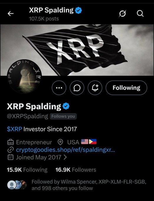 The image shows a Twitter/X profile page for "XRP Spalding" (@XRPSpalding), a verified account with 16.9K followers describing themselves as an "$XRP Investor Since 2017" and "Entrepreneur" based in the USA, with an XRP-themed black banner and flag profile picture. The profile aligns with the post's request to give this dedicated XRP HODLer a follow.