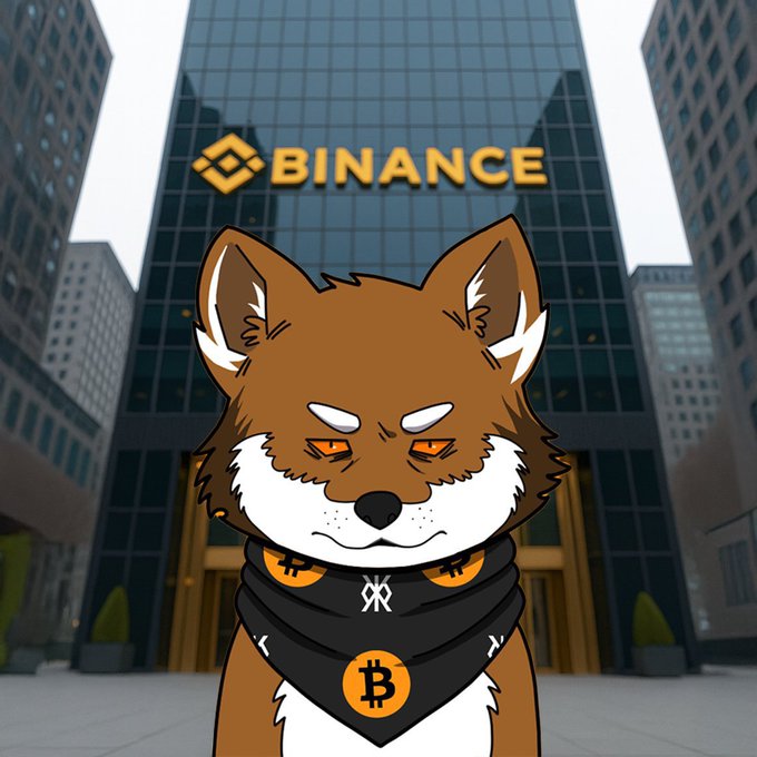 Cartoon Shiba Inu-style dog wearing Bitcoin-marked accessories in front of a building with a large yellow “BINANCE” sign.