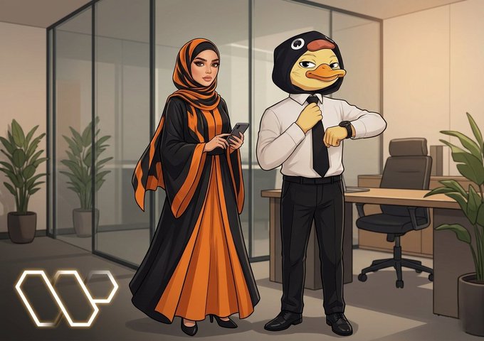 The image features two people dressed in traditional Middle Eastern clothing, standing next to each other with their arms around each other's shoulders. One of them has a duck mask on her head, adding an interesting element to the scene. The setting appears to be an office environment, as there are chairs and potted plants visible in the background. A keyboard is also present, suggesting that they might be working or discussing something related to their work.