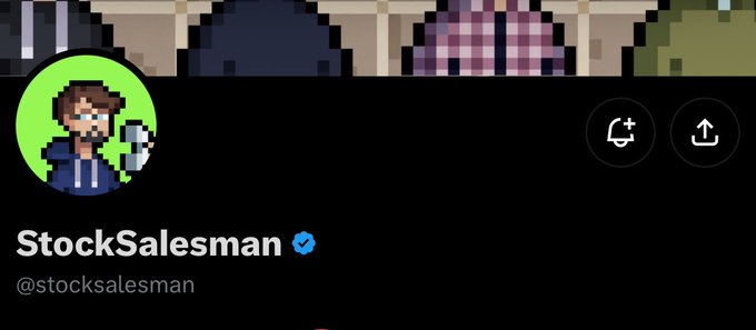 The image shows the header of a Twitter/X profile for "StockSalesman" (@stocksalesman) with a verified checkmark, featuring a pixel art avatar of a person with headphones holding a phone. The profile belongs to the account that posted about securing a free mint of 2,222 supply for "matrix" and subscribers, indicating this is the source account sharing the free mint opportunity.