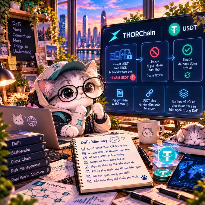 An illustrated image features an anthropomorphic cat in glasses studying DeFi concepts, with a screen displaying THORChain and USDT information.