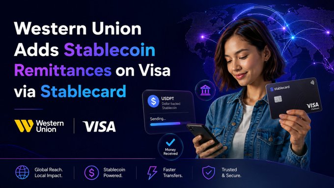 A Western Union promotional banner announcing "Western Union Adds Stablecoin Remittances on Visa via Stablecard," featuring a woman holding a Visa Stablecard next to a USDPT (Dollar-backed Stablecoin) transaction graphic.