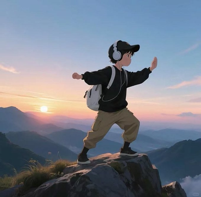 An anime-style illustration of a young person wearing headphones, a cap, and a backpack, striking a martial arts pose on a rocky mountain summit at sunset.