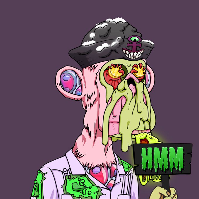 Crypto-style artwork of a grotesque zombie-like monkey wearing a black pirate hat with an anchor symbol, featuring dripping green slime and holding a sign that reads 'HMM'.