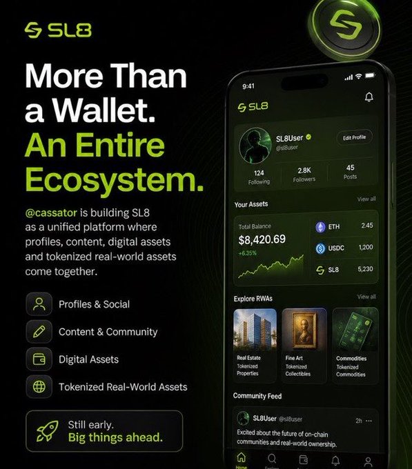 A promotional graphic for 'SL8' by '@cassator' reads 'More Than a Wallet. An Entire Ecosystem.', highlighting features like profiles, content, digital assets, and a mobile app interface.