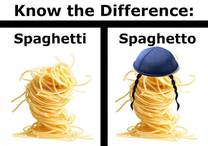A humorous meme titled "Know the Difference:" comparing "Spaghetti" (plain pasta) with "Spaghetto" (a single noodle wearing a blue hat with braids).