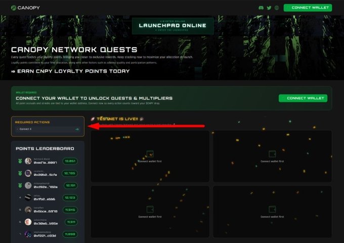 Screenshot of the Canopy Network Quests dashboard with a red arrow pointing to a 'REQUIRED ACTIONS: Connect X' section, alongside a points leaderboard and 'CONNECT WALLET' prompts.