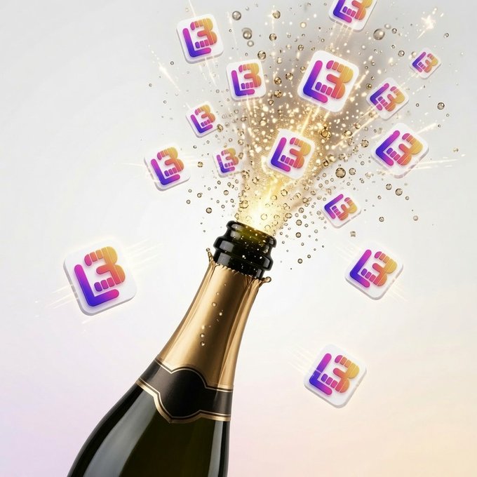 The image features a champagne bottle with a gold foil top, which appears to be about to pop open, releasing a burst of bubbles. The champagne bottle is surrounded by small squares or cubes that are colored in various shades of pink, purple, blue, and orange. These colorful squares seem to represent the "L3" logo from a social media platform like Instagram. The image also contains text elements such as "Almost there $XPR $LOAN $XDOGE $XMT".
