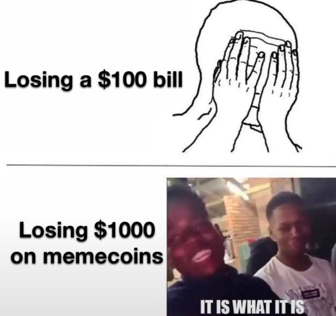 A two-panel meme comparing reactions to financial losses: the top panel shows a 'losing a $100 bill' drawing of someone facepalming, while the bottom panel shows 'Losing $1000 on memecoins' with a 'IT IS WHAT IT IS' meme image.