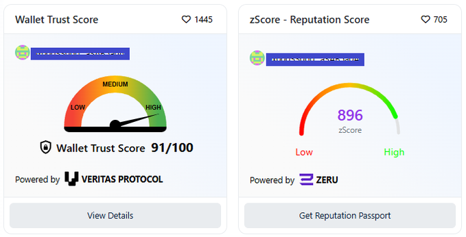 Two trust scorecards: the left shows a "Wallet Trust Score" of 91/100 (HIGH) powered by Veritas Protocol with 1,445 likes, and the right shows a "zScore - Reputation Score" of 896 powered by ZERU with 705 likes.