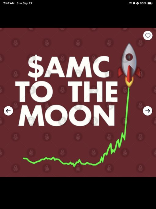 A mobile screenshot displaying the text "$AMC TO THE MOON" with a rocket ship and an upward-trending green line graph.