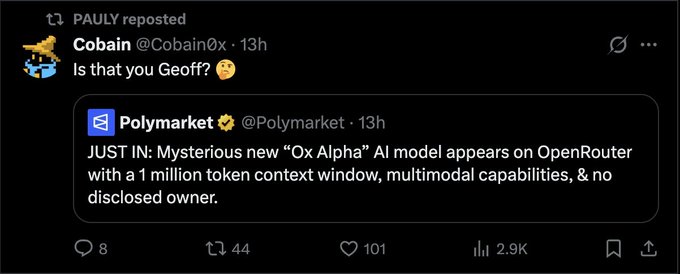 A screenshot of a tweet thread where @Cobain0x asks "Is that you Geoff?" in response to @Polymarket's post about a mysterious new "Ox Alpha" AI model appearing on OpenRouter with a 1 million token context window, multimodal capabilities, and no disclosed owner. The accompanying post humorously suggests the mystery AI might be connected to the "Geoff" AI persona associated with the $PNDC, $PORK, and $wPOND tokens, playfully implying the unidentified model could be tied to their project.