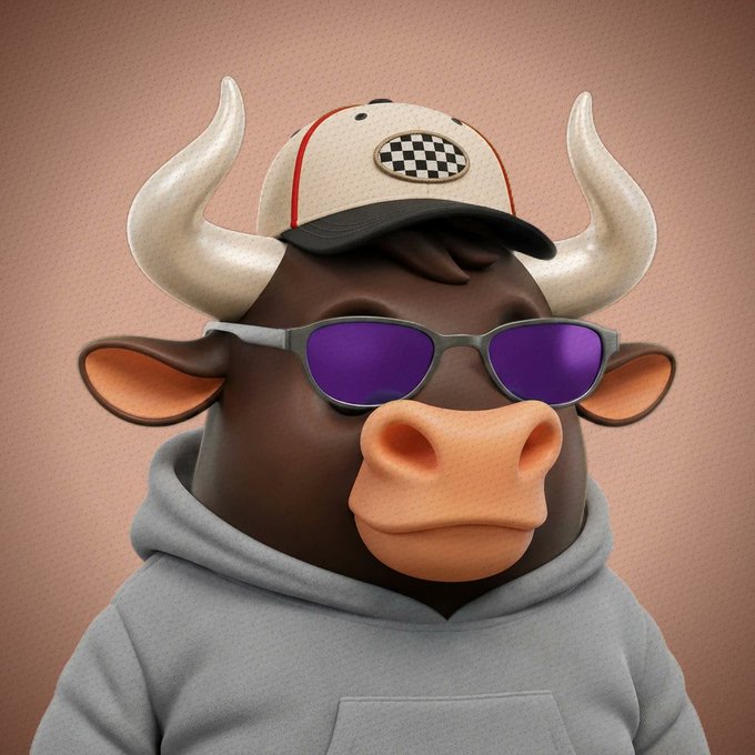 A 3D-rendered cartoon brown bull with horns, wearing a checkered cap, purple sunglasses, and a gray hoodie.