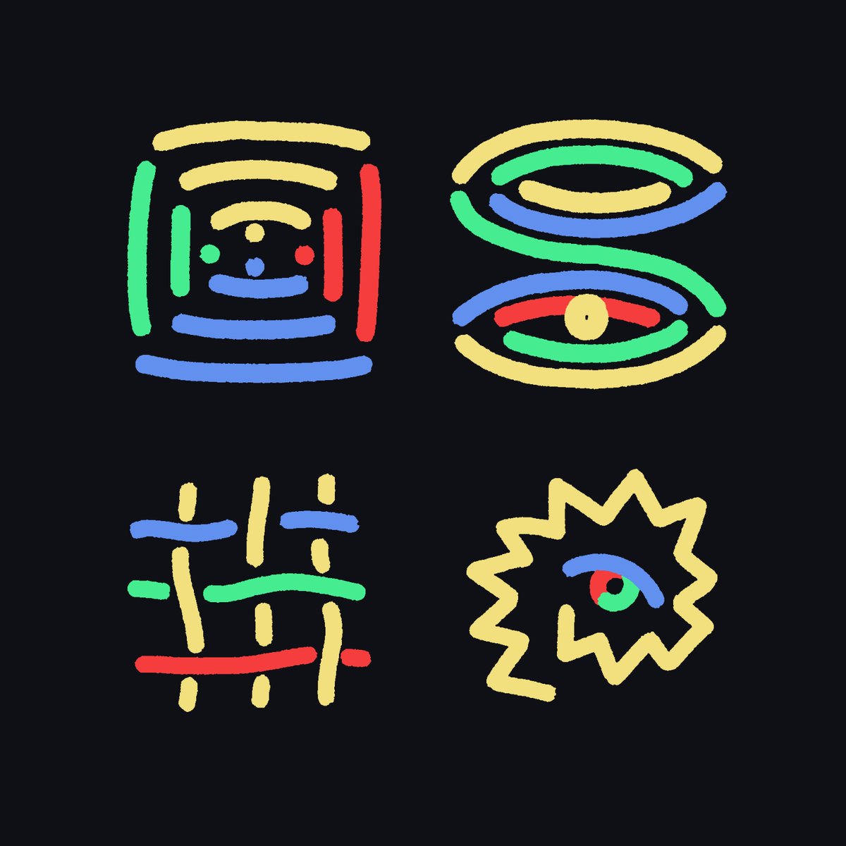 The image features four different designs, each with unique colors and shapes, set against a black background. The first design consists of a square with a circle inside, another square with a triangle inside, and a third square with a rectangle inside. The fourth design is a colorful explosion with a large eye in the center surrounded by smaller circles. These four distinct designs are arranged side by side to create an interesting visual effect against the black background.