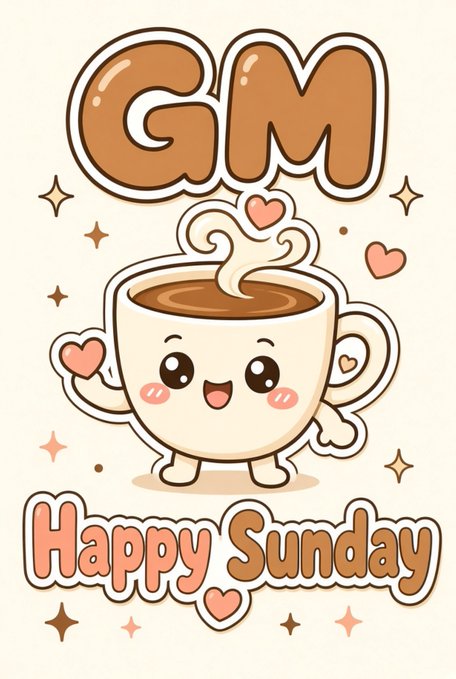 A cute kawaii-style illustration features a smiling coffee cup character with arms and legs surrounded by hearts and sparkles, with the text 'GM' at the top and 'Happy Sunday' at the bottom.