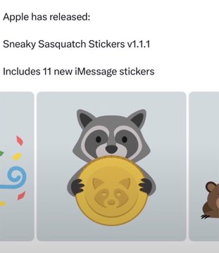 An Apple App Store release page for "Sneaky Sasquatch Stickers v1.1," featuring a raccoon holding a gold coin stamped with a small bear/cat face—visually echoing the post's joke comparing "Jimothy" to Pepe the Frog as a meme coin mascot. The inclusion of a coin-bearing animal sticker mirrors the post's playful declaration that Jimothy has meme-coin status.
